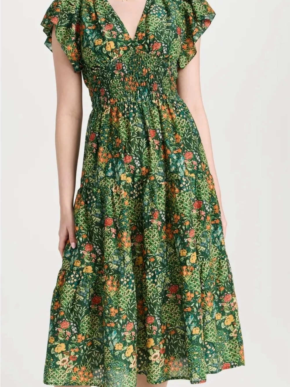 Trovata Green Floral V-Neck Smocked Midi Dress